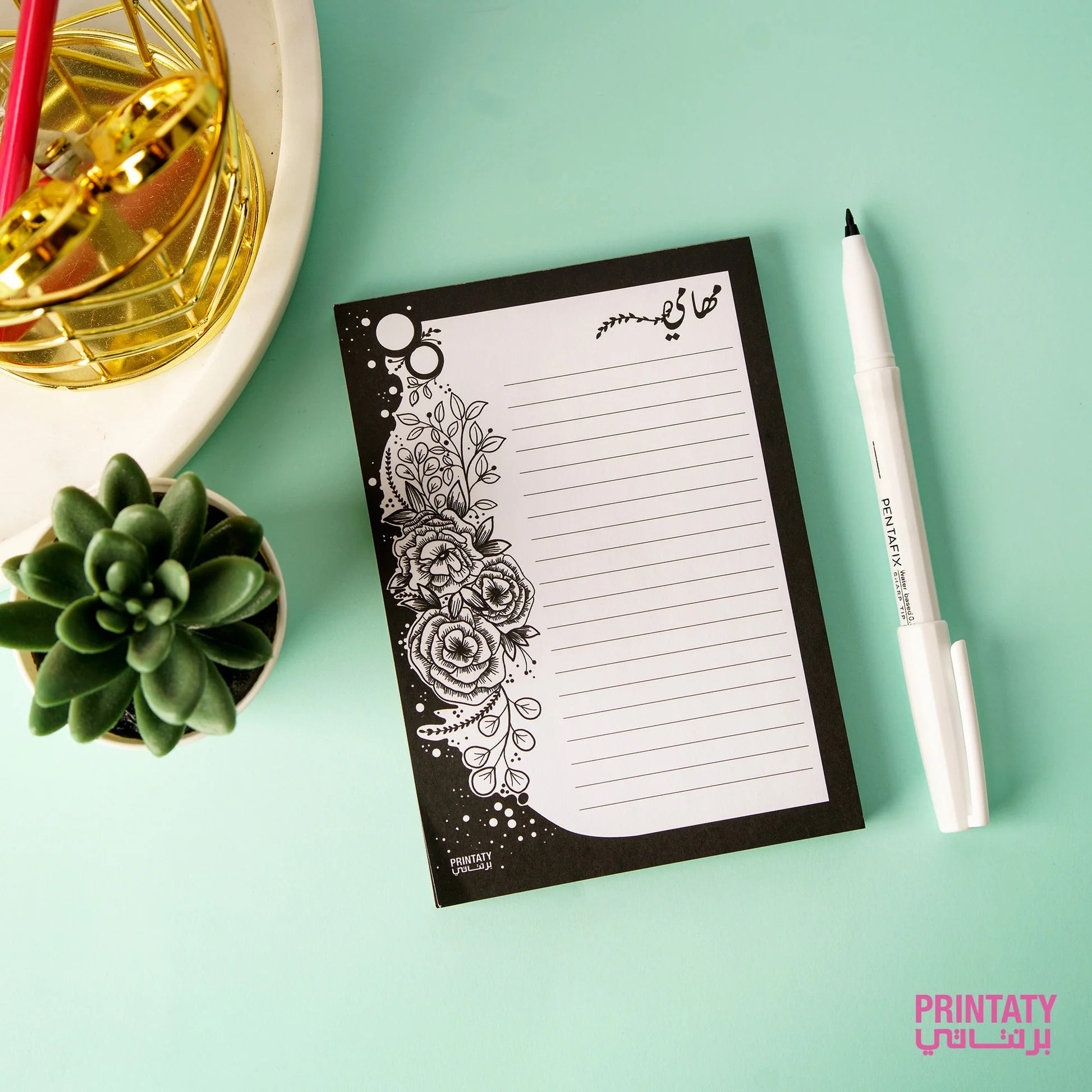 Printaty Notepad: Black floral