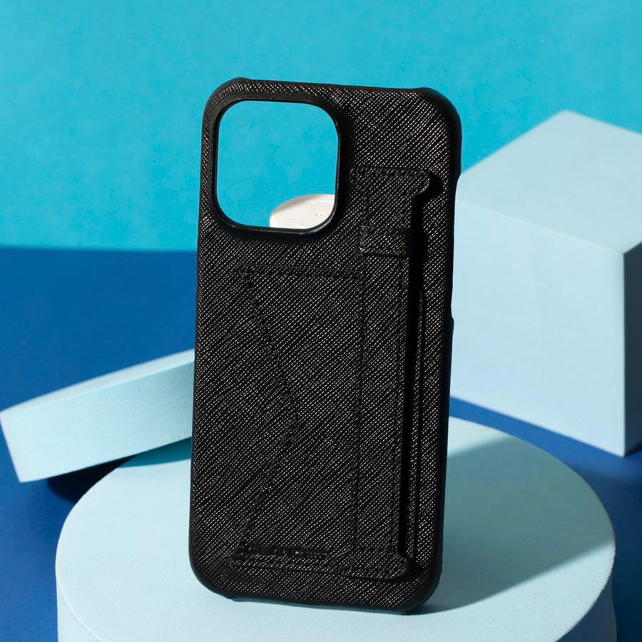 GLANCES: phone case-Black saffiano leather pocket and strap