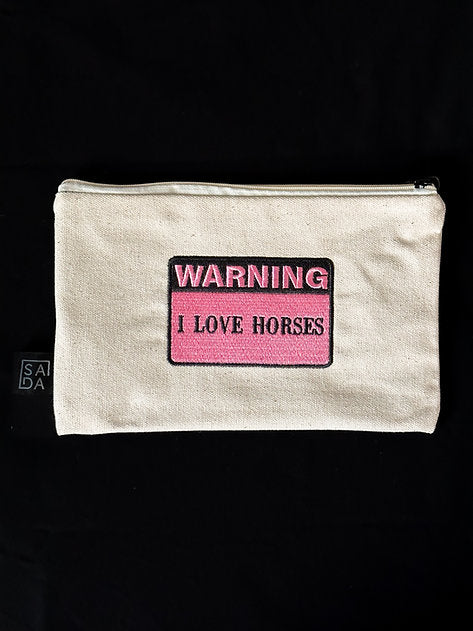 SADA pouch: warning I love horses-offwhite