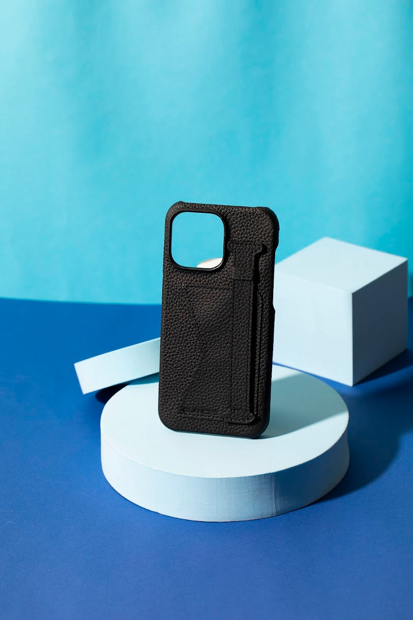 GLANCES:phone case-Black Togo leather pocket and strap