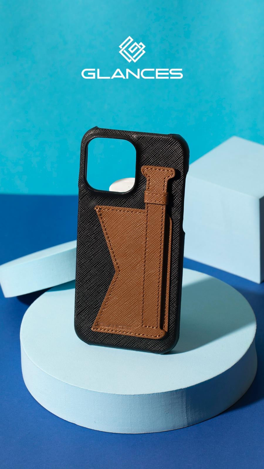 GLANCES: phone case-Black saffiano leather with brown